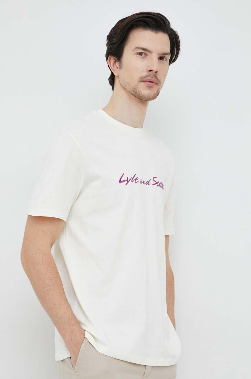 Lyle & Scott Памучна тениска в бежово с апликация - Pepit.bg