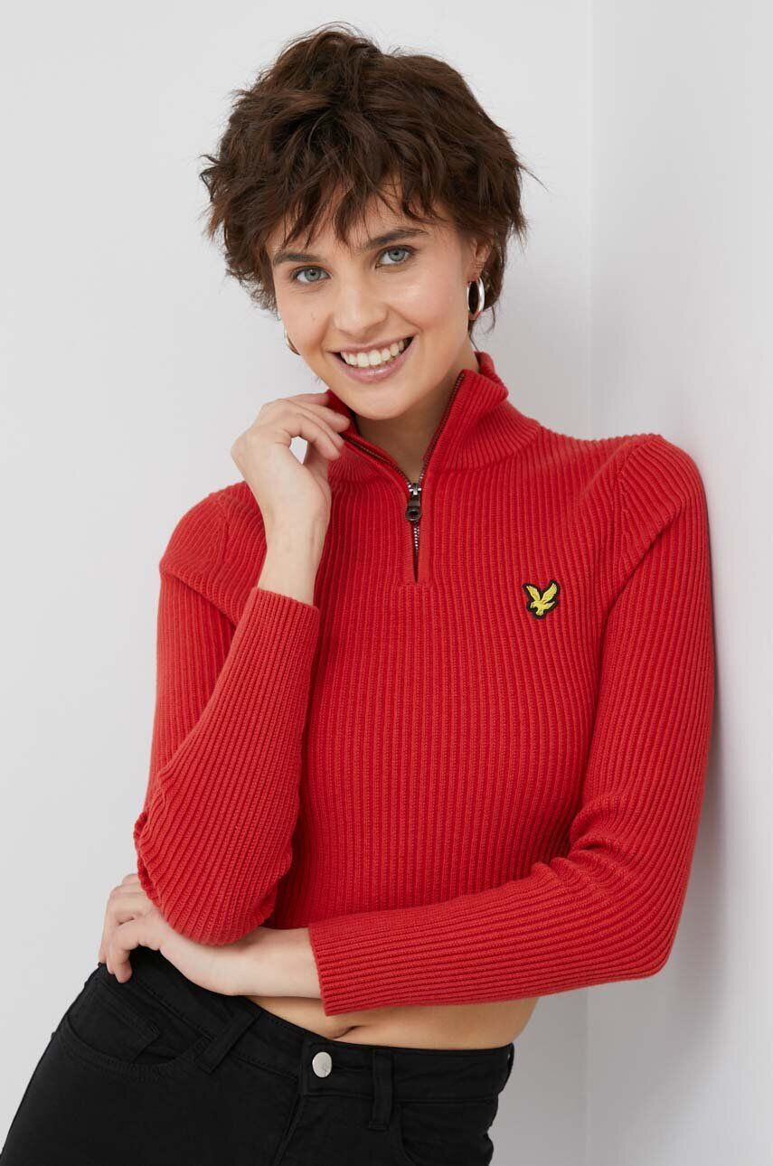 Lyle & Scott Пуловер с вълна дамски в червено от топла материя - Pepit.bg