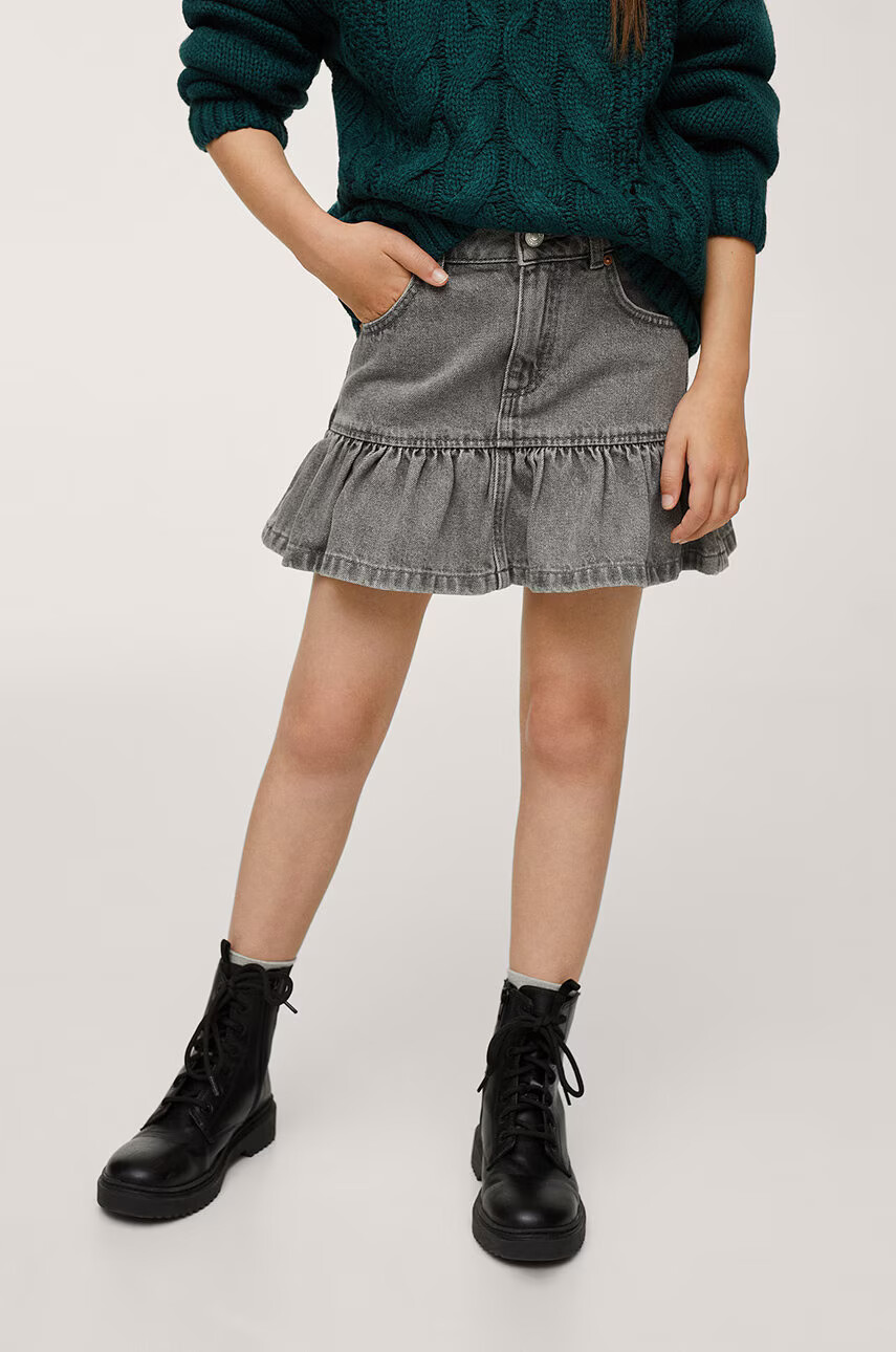 Mango Kids Детска дънкова пола в сиво къс модел разкроен модел - Pepit.bg