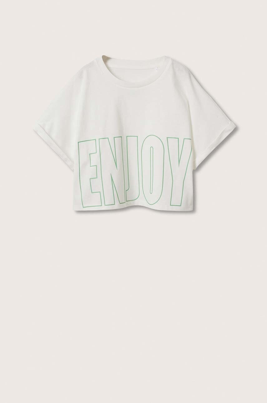 Mango Kids Детска памучна тениска Enjoy в бяло - Pepit.bg