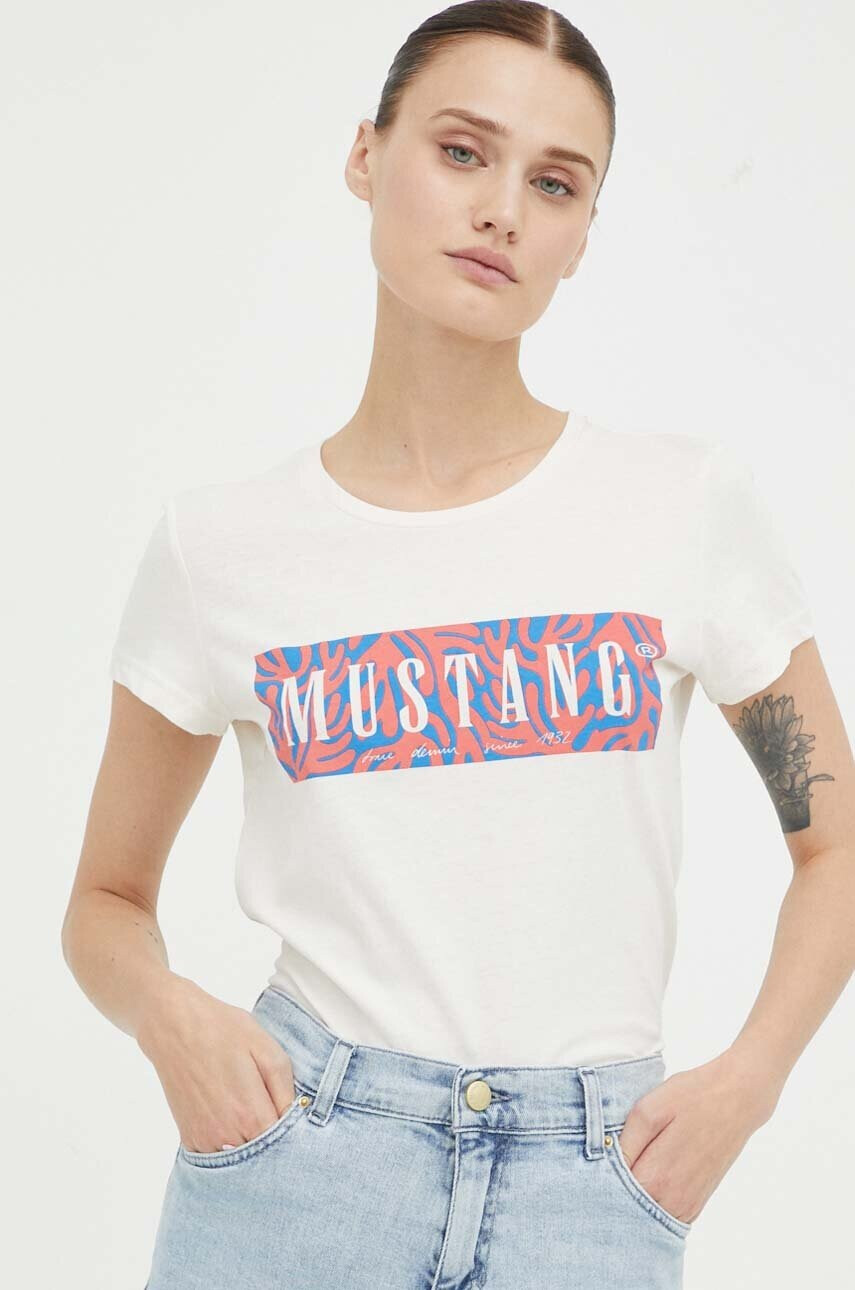 Mustang Памучна тениска в бежово - Pepit.bg