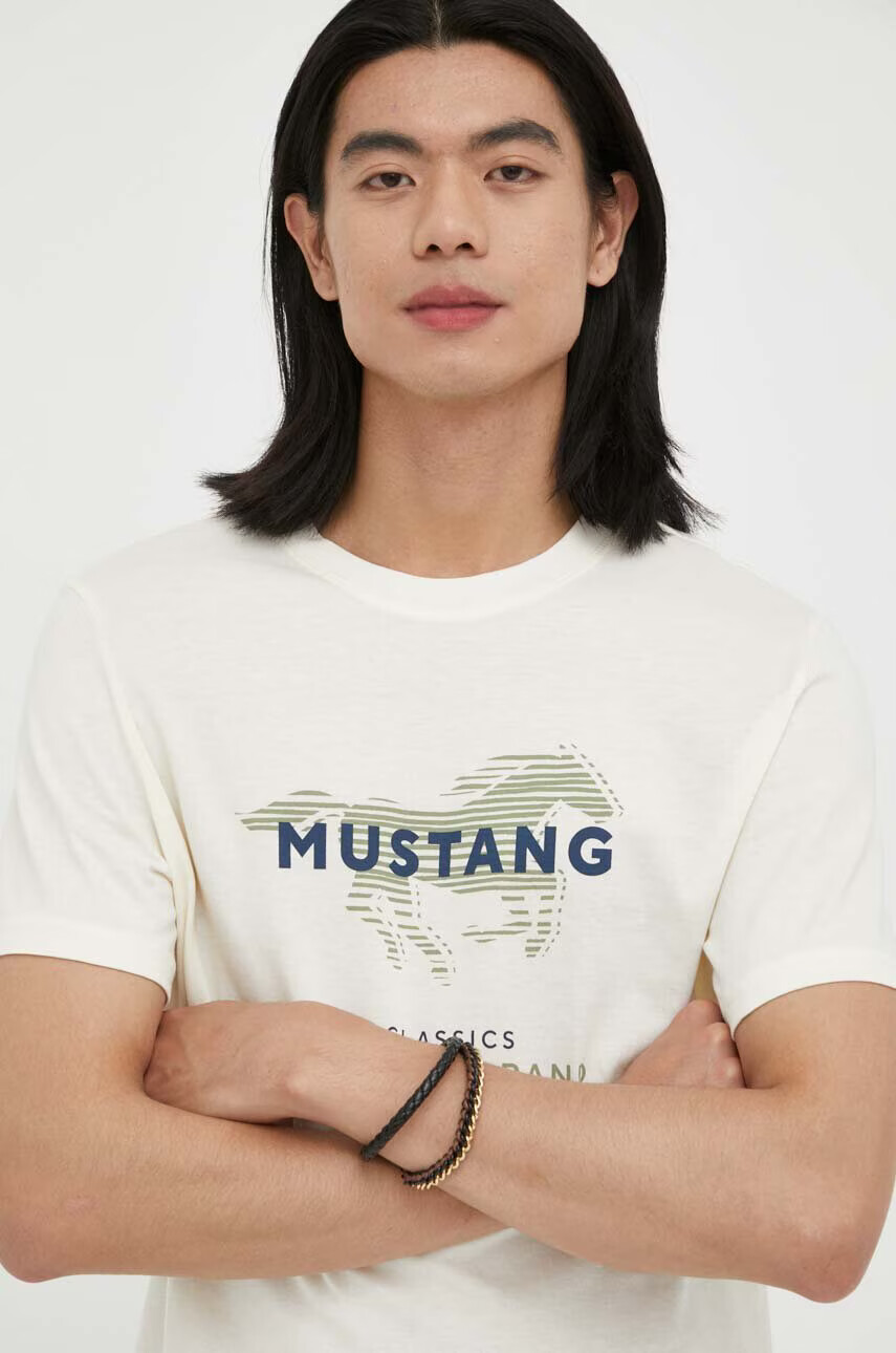Mustang Памучна тениска в бежово с принт - Pepit.bg