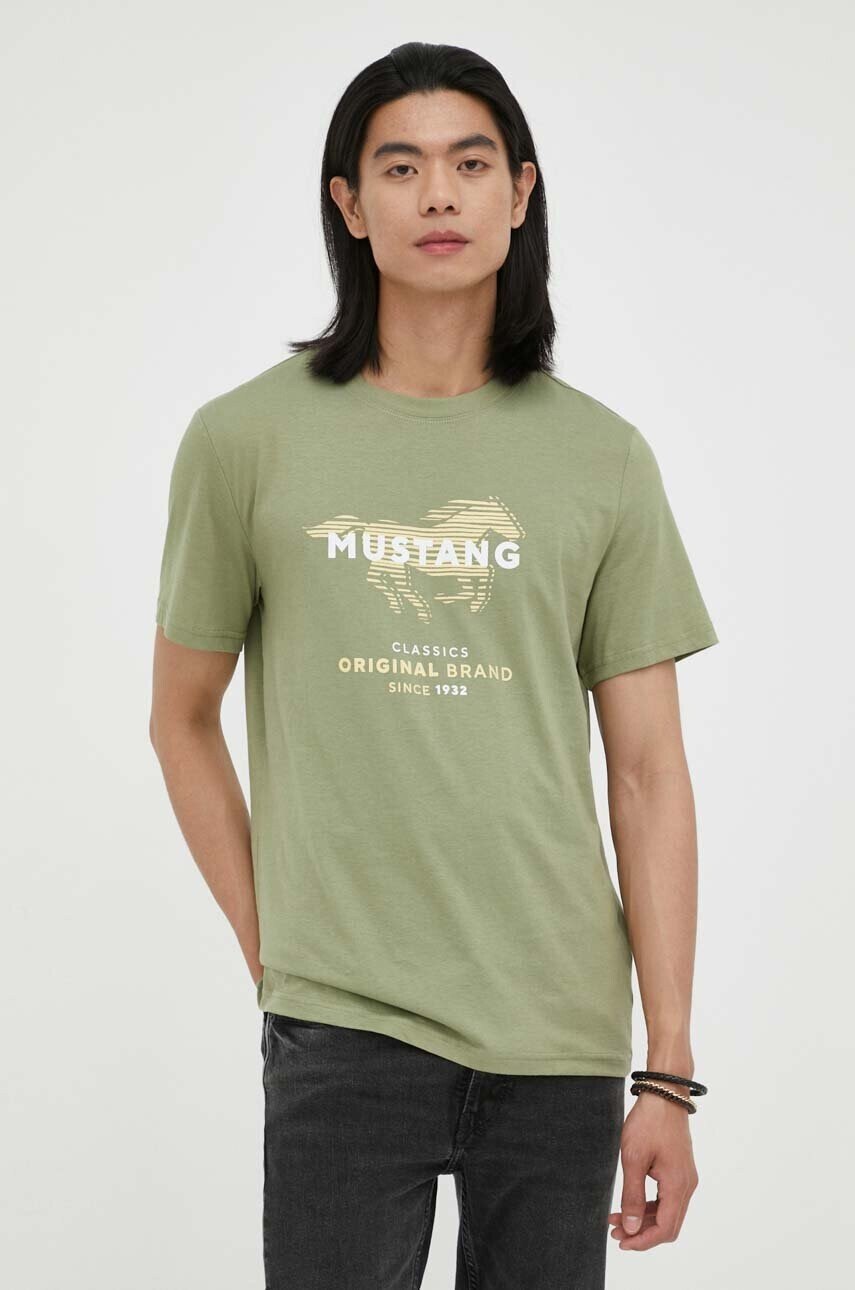 Mustang Памучна тениска в зелено с принт - Pepit.bg
