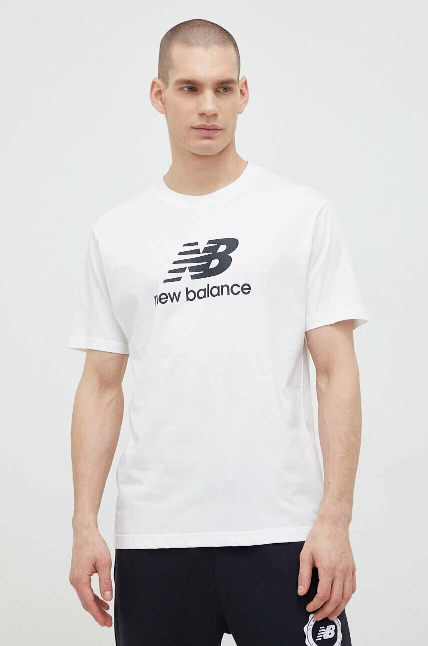 New Balance Памучна тениска в бяло с десен - Pepit.bg