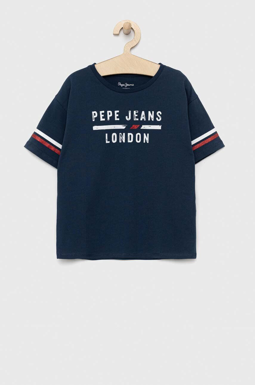 Pepe Jeans Детска памучна тениска в тъмносиньо с принт - Pepit.bg