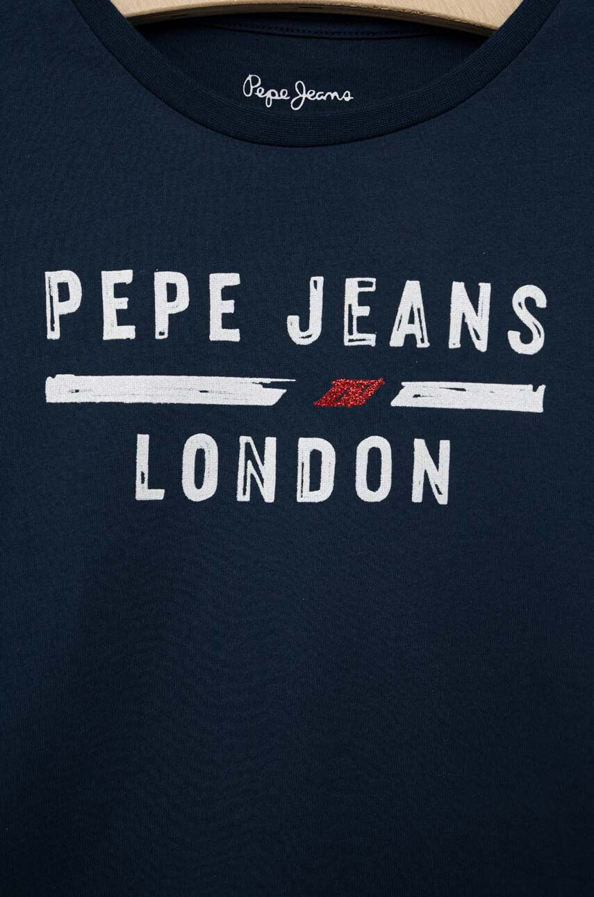 Pepe Jeans Детска памучна тениска в тъмносиньо с принт - Pepit.bg