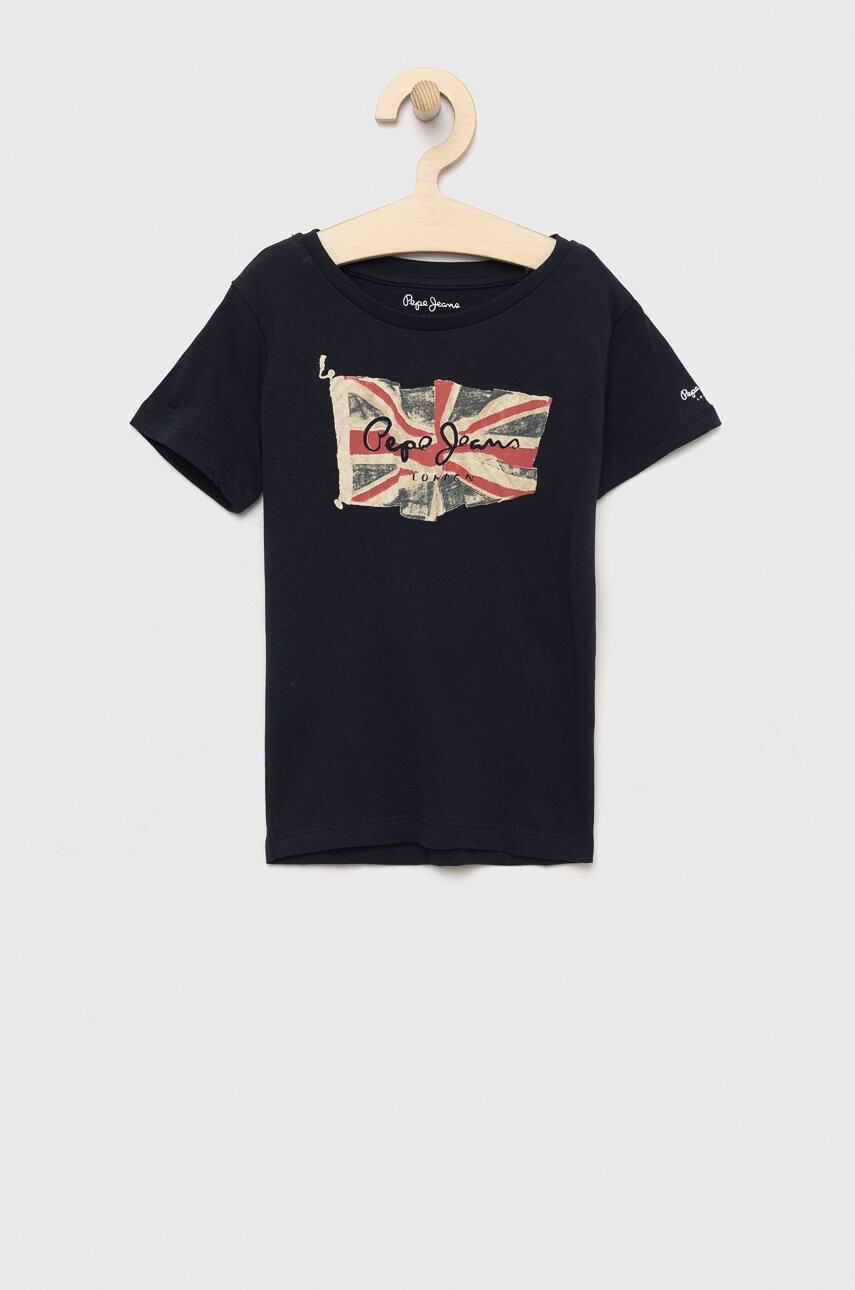 Pepe Jeans Детска памучна тениска в тъмносиньо с принт - Pepit.bg