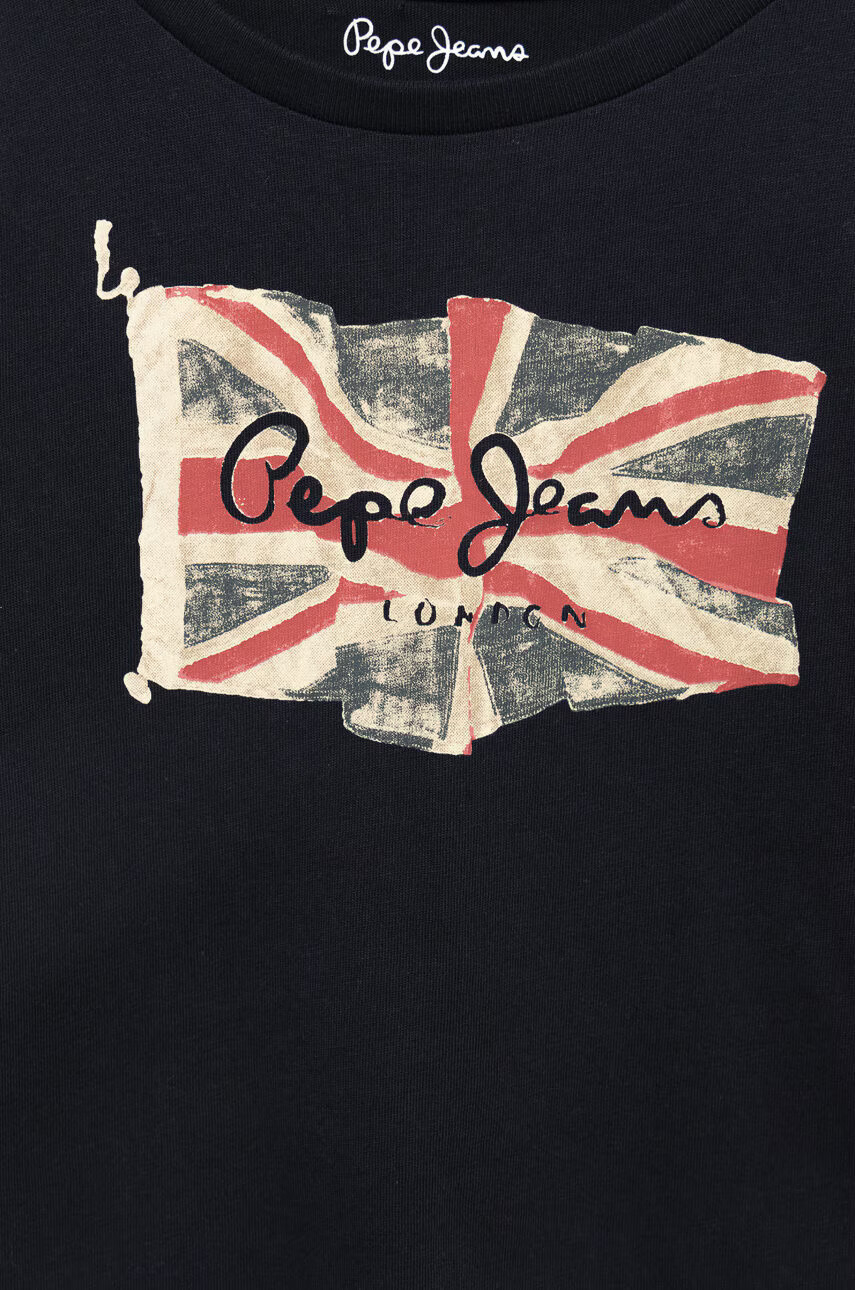 Pepe Jeans Детска памучна тениска в тъмносиньо с принт - Pepit.bg