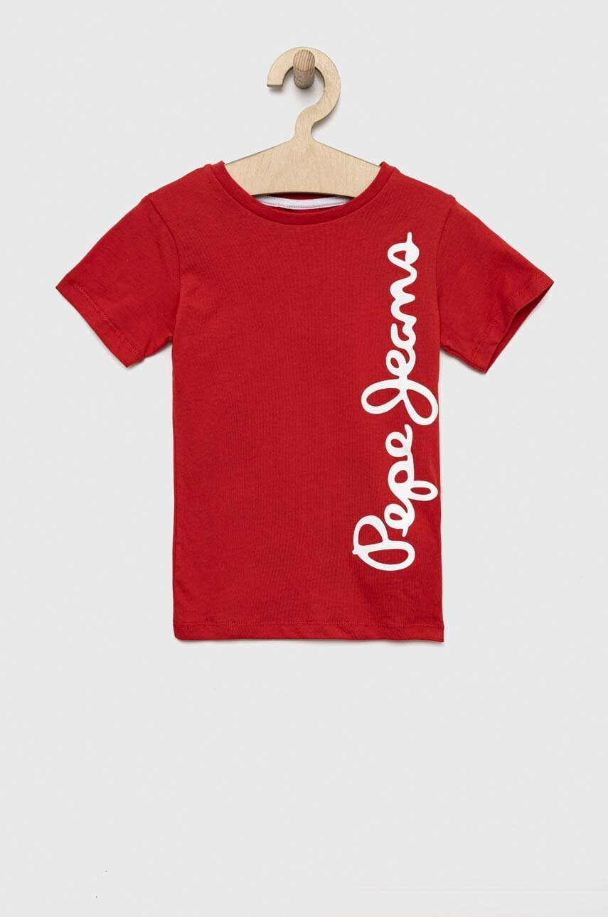 Pepe Jeans Детска памучна тениска в червено с принт - Pepit.bg