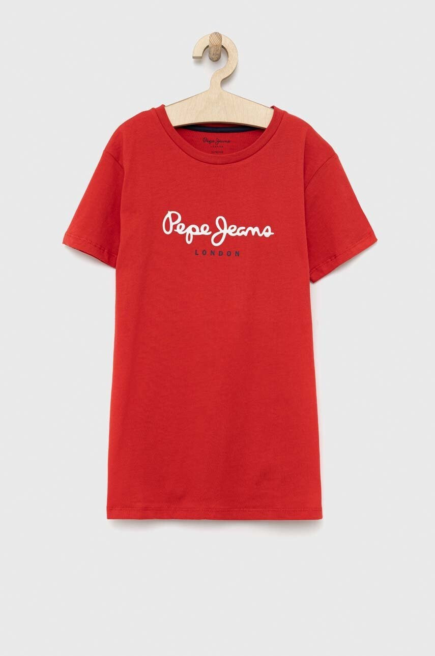 Pepe Jeans Детска памучна тениска PJL BJ в червено с принт - Pepit.bg
