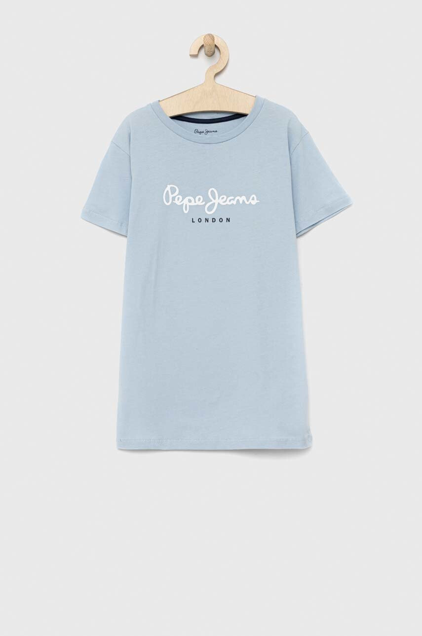 Pepe Jeans Детска памучна тениска PJL BJ в синьо с принт - Pepit.bg