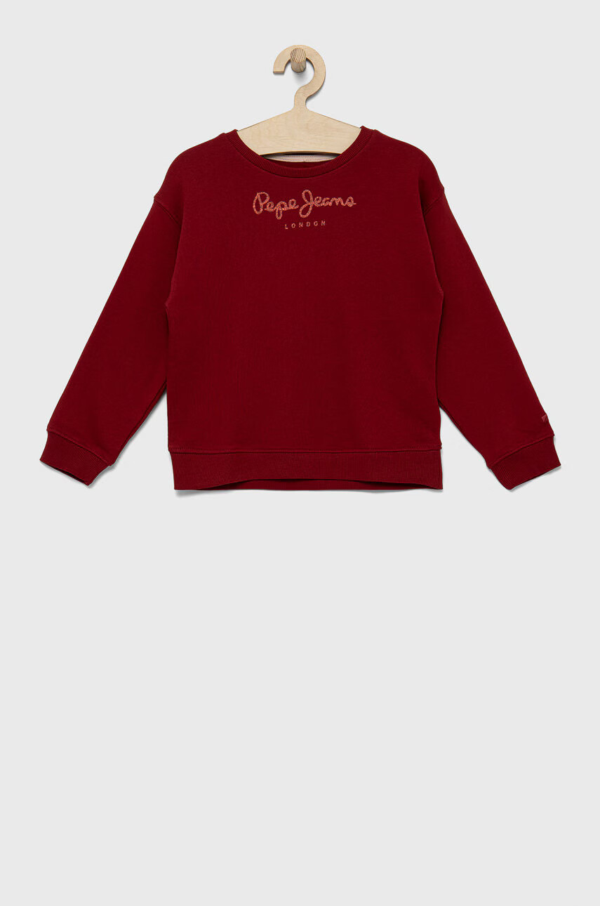 Pepe Jeans Детски памучен суичър в бордо с принт - Pepit.bg