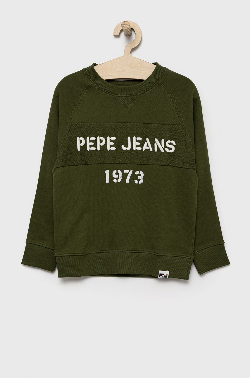 Pepe Jeans Детски памучен суичър в зелено с апликация - Pepit.bg