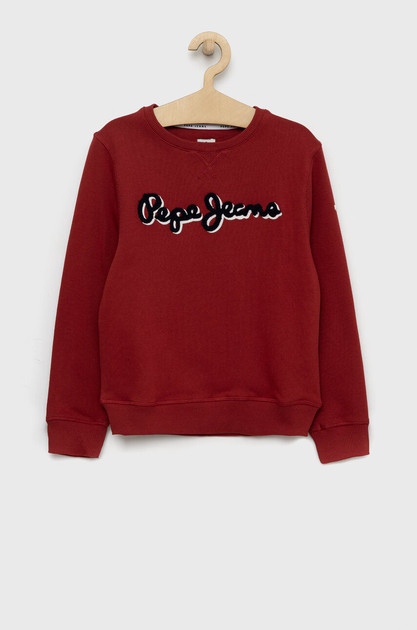 Pepe Jeans Детски памучен суичър в бордо с апликация - Pepit.bg