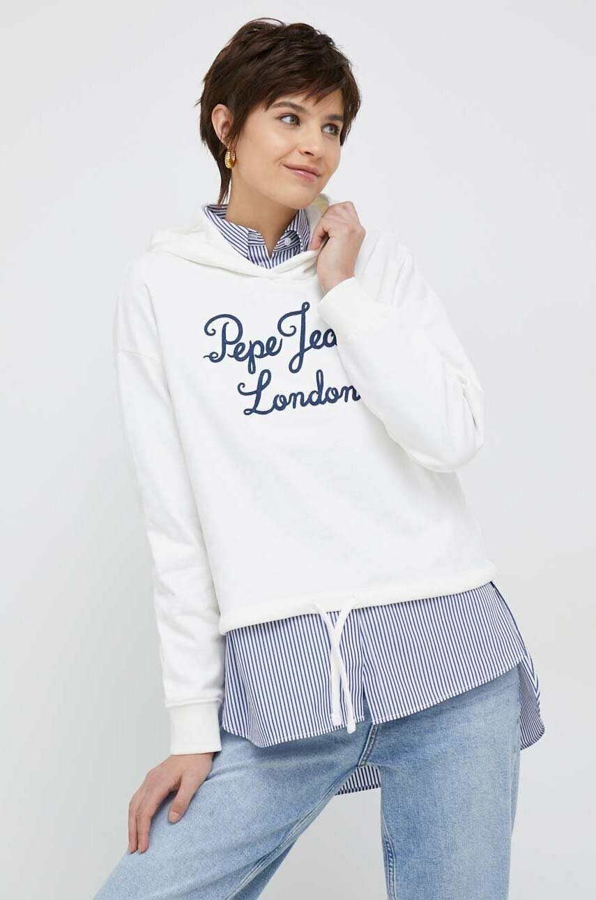 Pepe Jeans Памучен суичър в бяло с качулка с принт - Pepit.bg