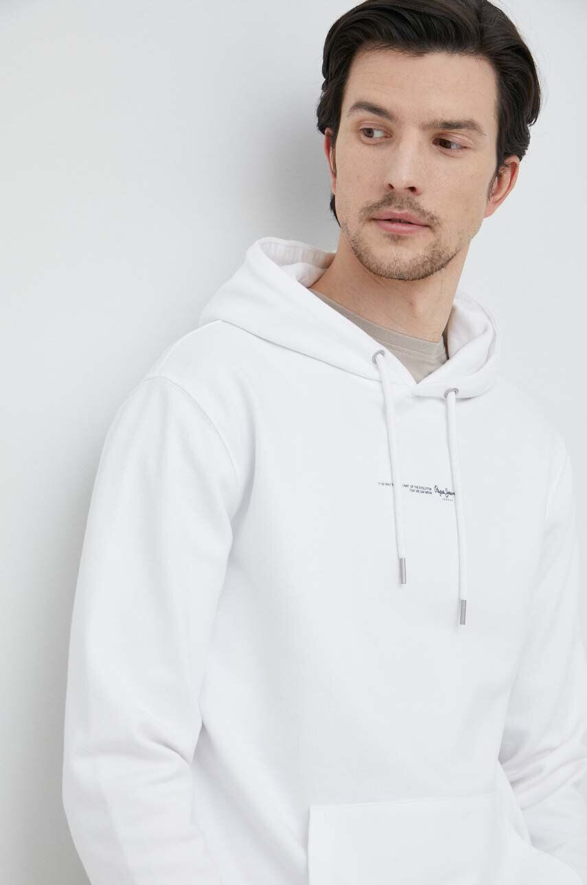 Pepe Jeans Памучен суичър David Hoodie в бяло с качулка с изчистен дизайн - Pepit.bg