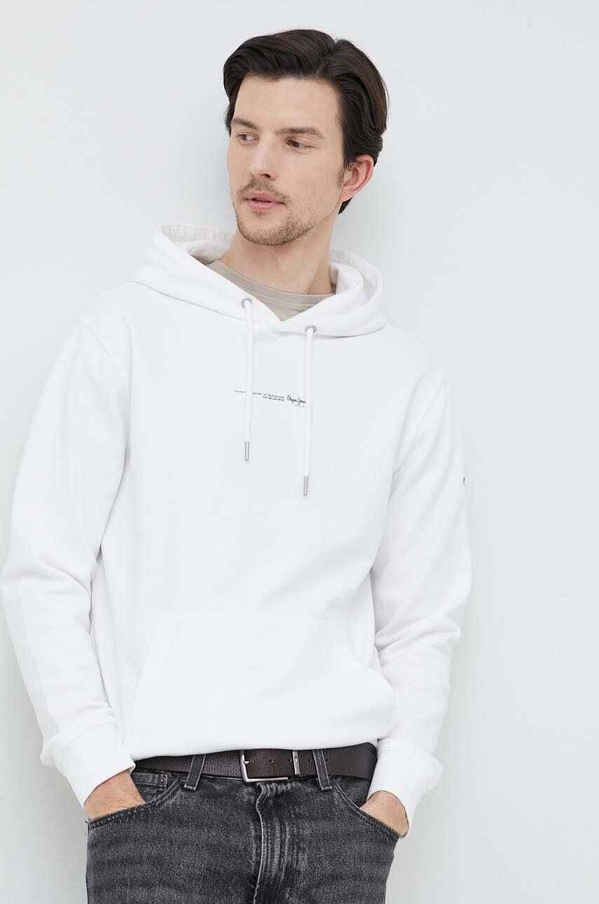 Pepe Jeans Памучен суичър David Hoodie в бяло с качулка с изчистен дизайн - Pepit.bg