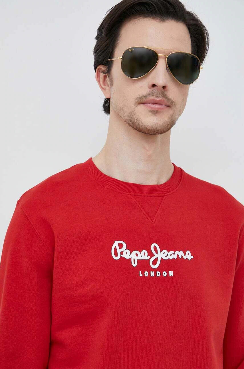 Pepe Jeans Памучен суичър Edward Crew в червено с принт - Pepit.bg