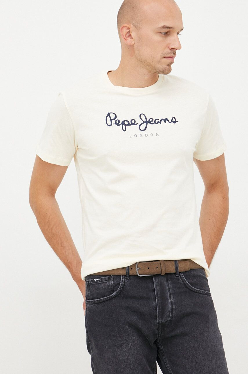 Pepe Jeans Памучна тениска в бежово с принт - Pepit.bg