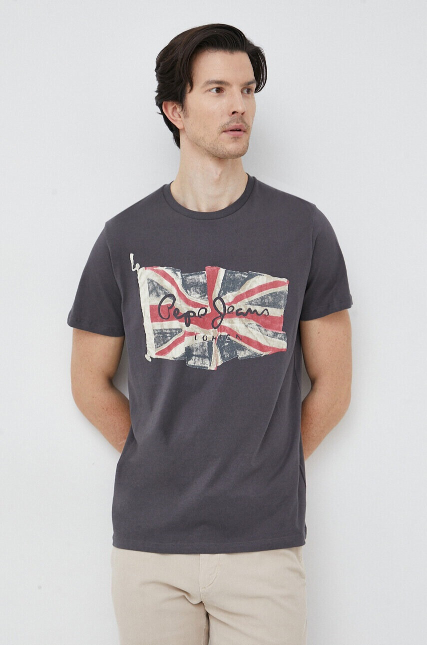 Pepe Jeans Памучна тениска Flag в сиво с принт - Pepit.bg