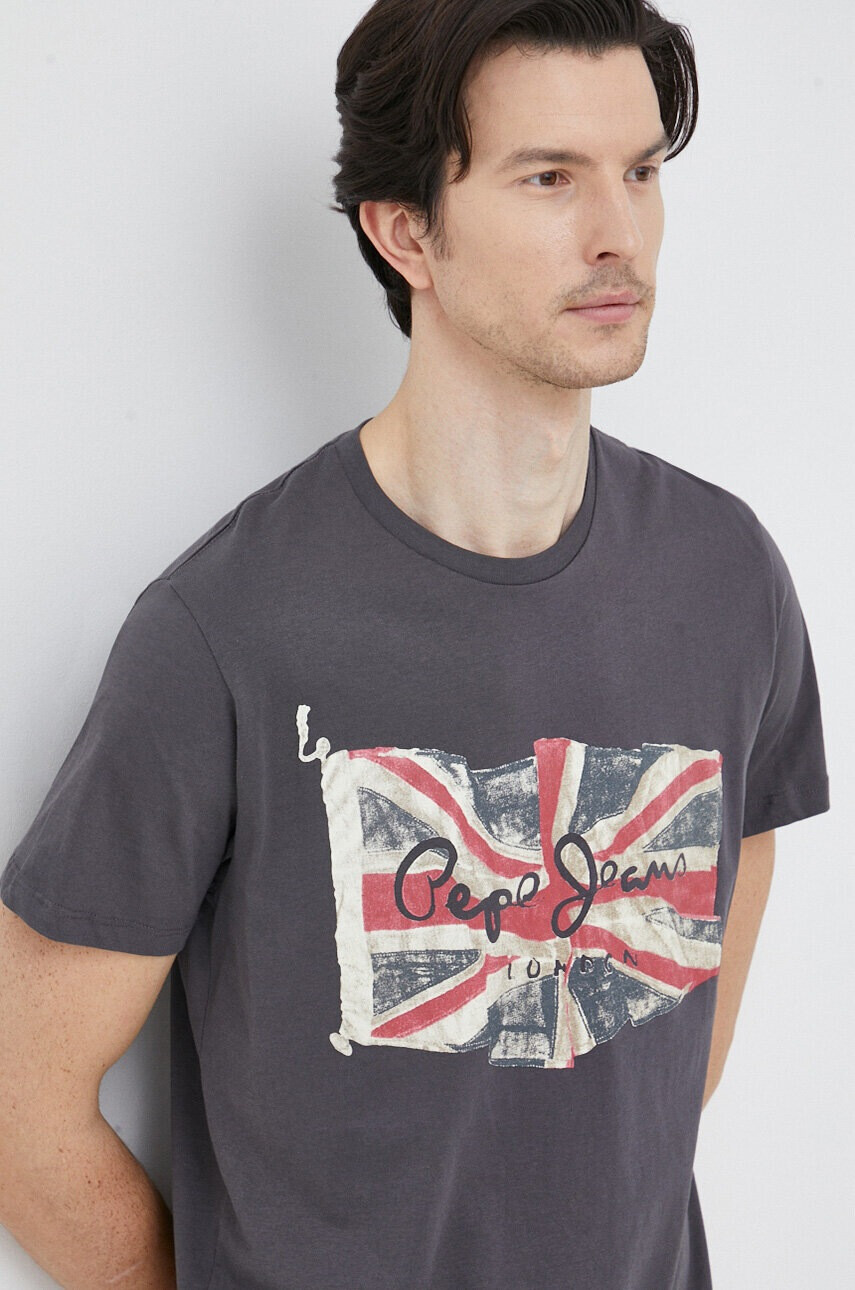 Pepe Jeans Памучна тениска Flag в сиво с принт - Pepit.bg