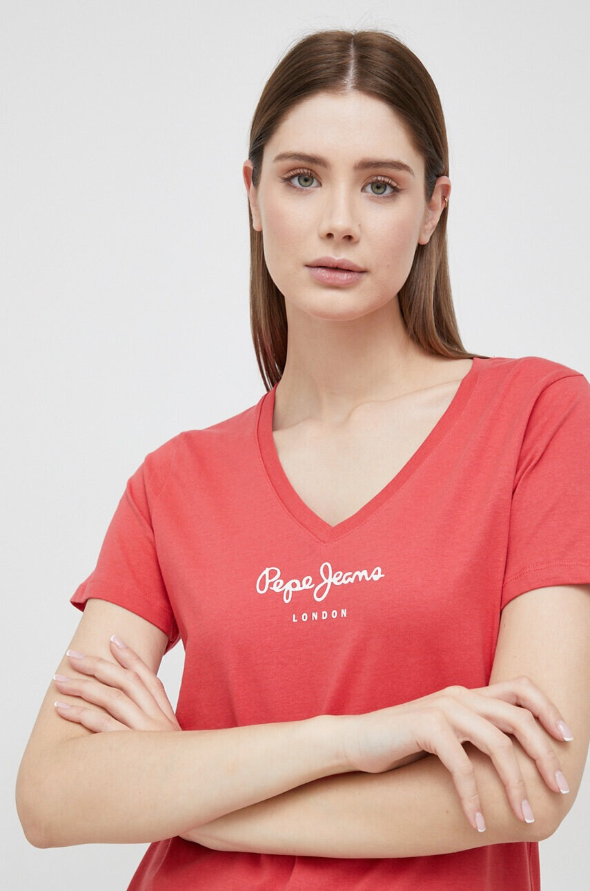 Pepe Jeans Памучна тениска Wendy V Neck в червено - Pepit.bg