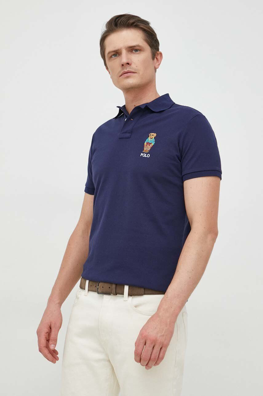 Polo Ralph Lauren Памучна тениска с яка в тъмносиньо с апликация - Pepit.bg