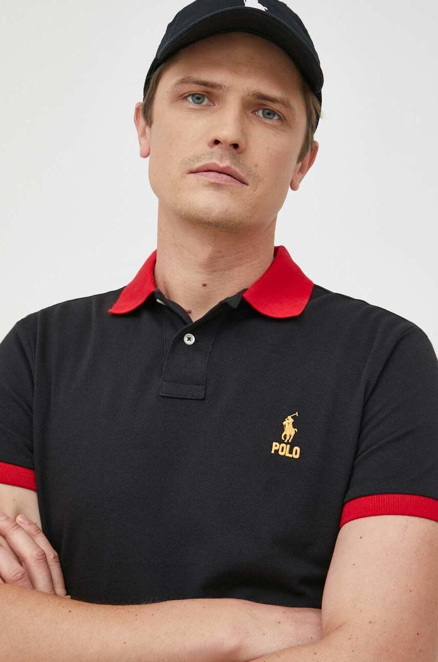 Polo Ralph Lauren Памучна тениска с яка в черно с изчистен дизайн - Pepit.bg