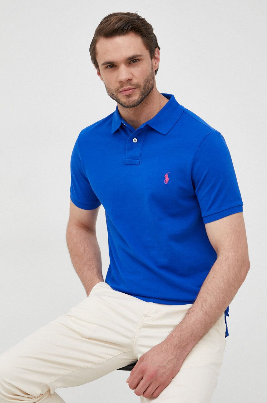 Polo Ralph Lauren Памучна тениска с яка в тъмносиньо с изчистен дизайн - Pepit.bg