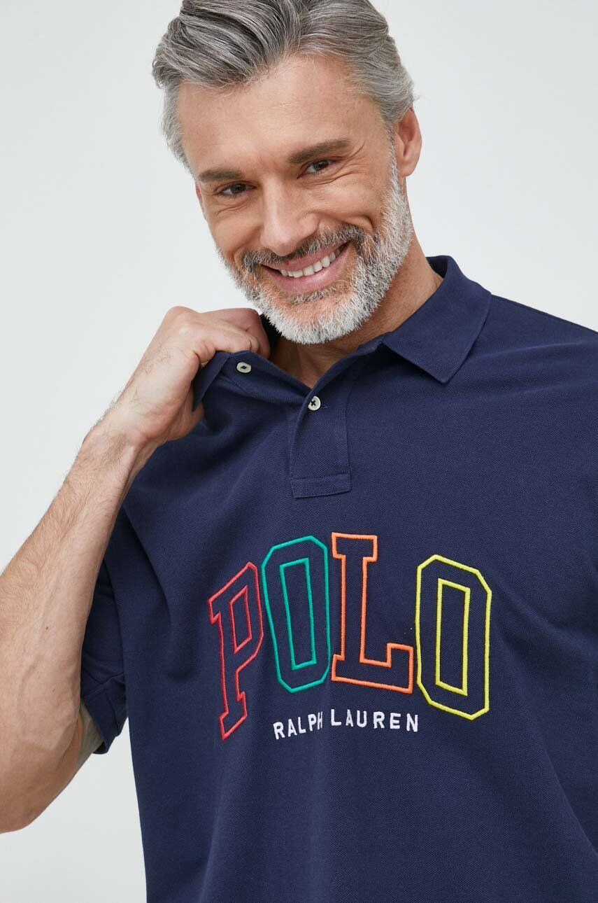 Polo Ralph Lauren Памучна тениска с яка в тъмносиньо с апликация - Pepit.bg