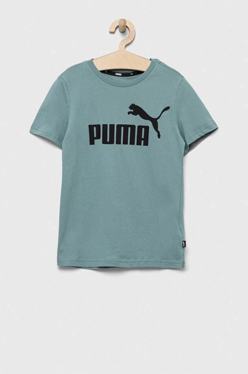 Puma Детска памучна тениска ESS Logo Tee B в зелено с принт - Pepit.bg