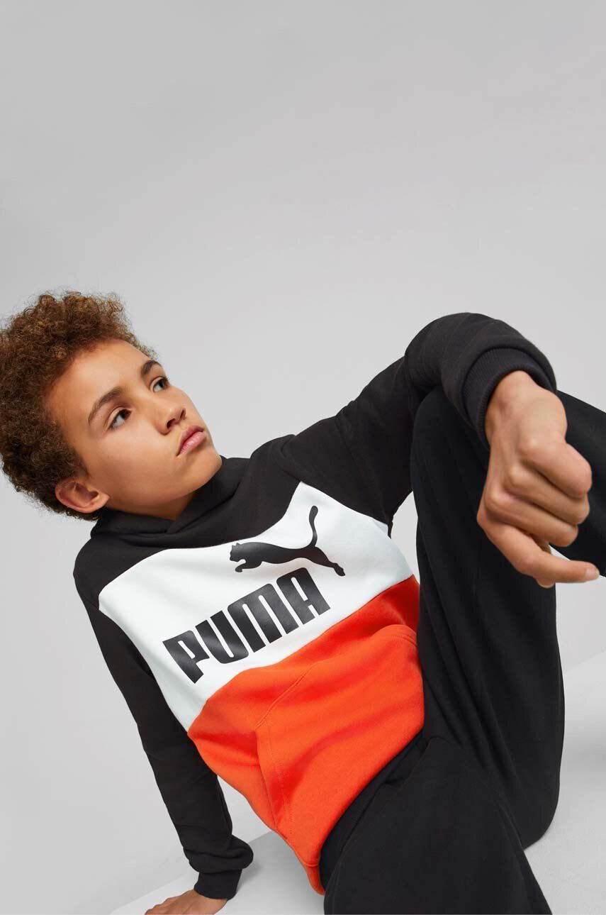 Puma Детски суичър ESS Colorblock Hoodie TR B в черно с качулка с десен - Pepit.bg