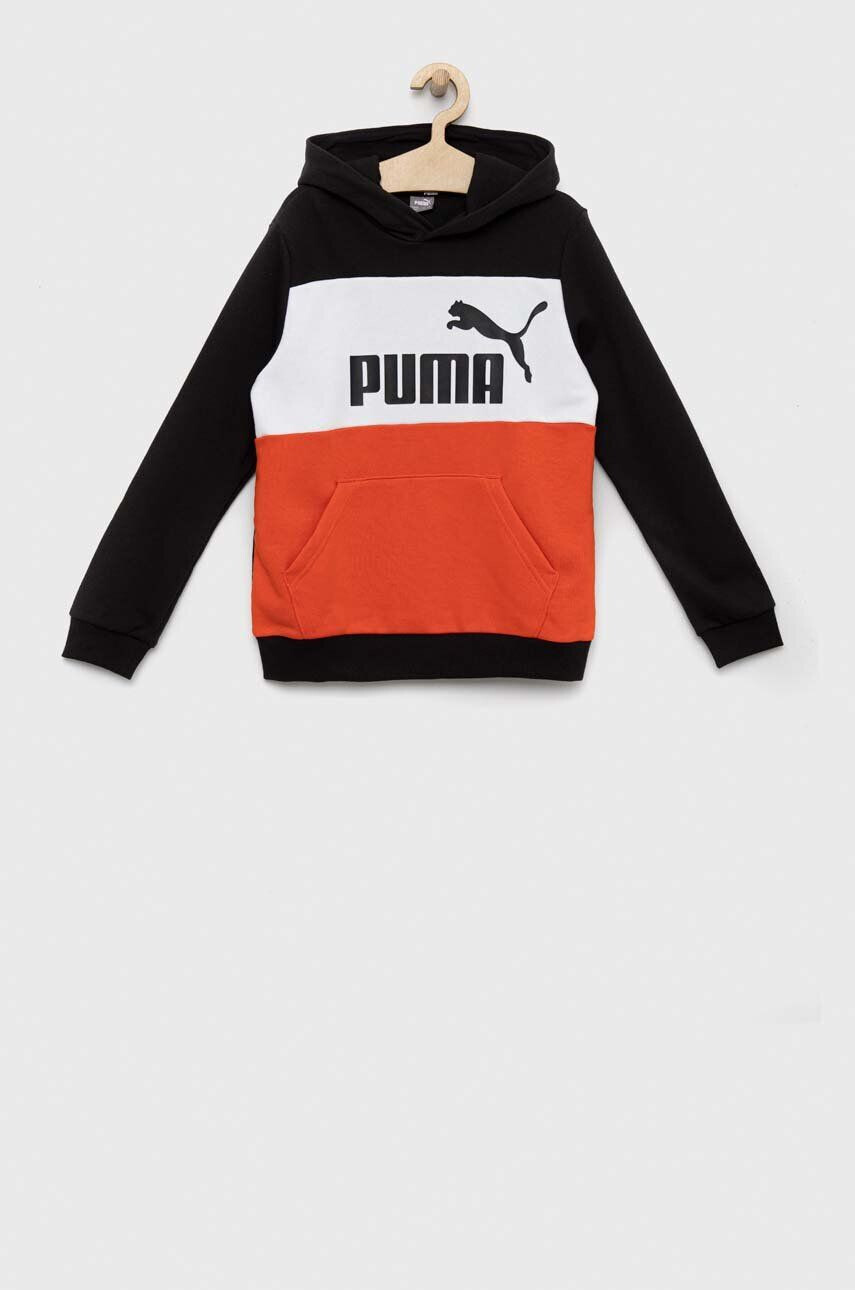 Puma Детски суичър ESS Colorblock Hoodie TR B в черно с качулка с десен - Pepit.bg