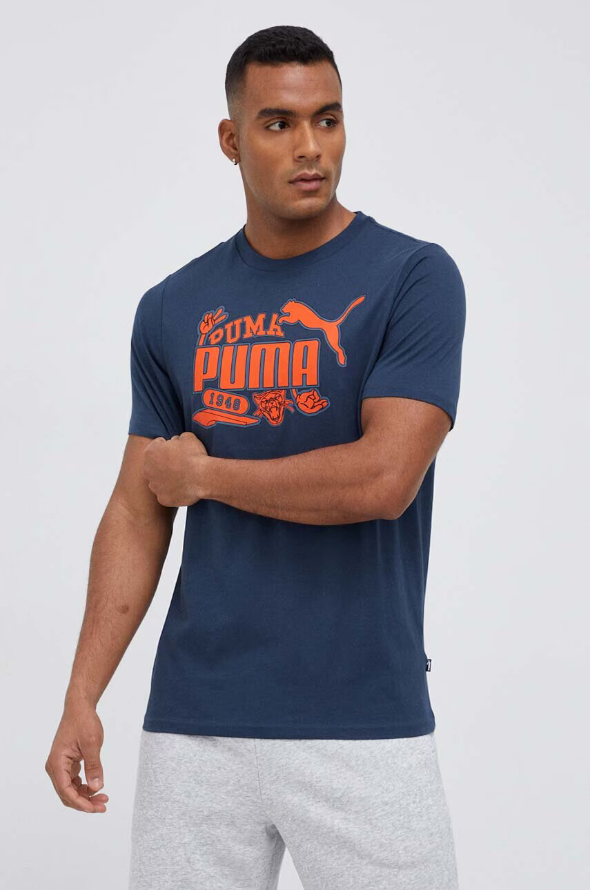 Puma Памучна тениска в тъмносиньо с принт - Pepit.bg