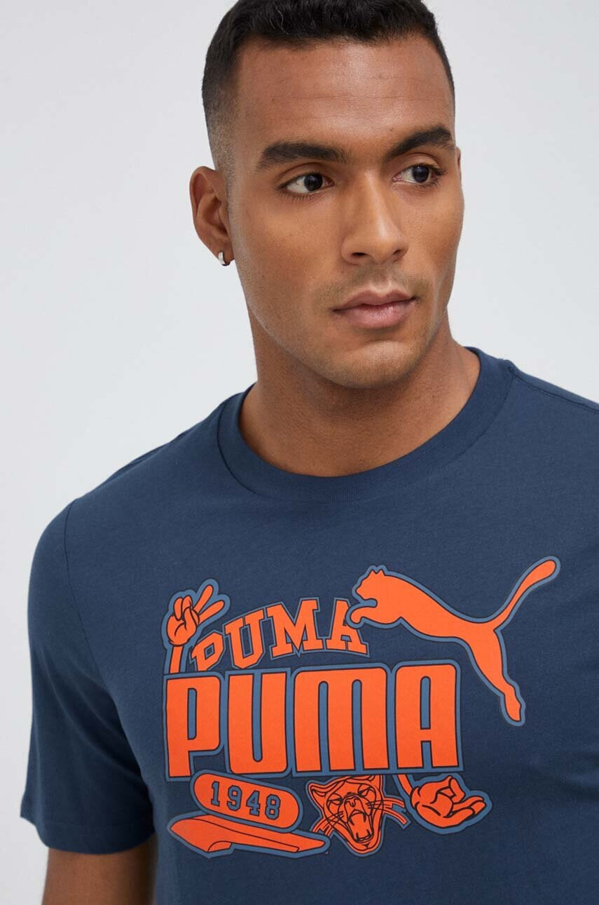Puma Памучна тениска в тъмносиньо с принт - Pepit.bg