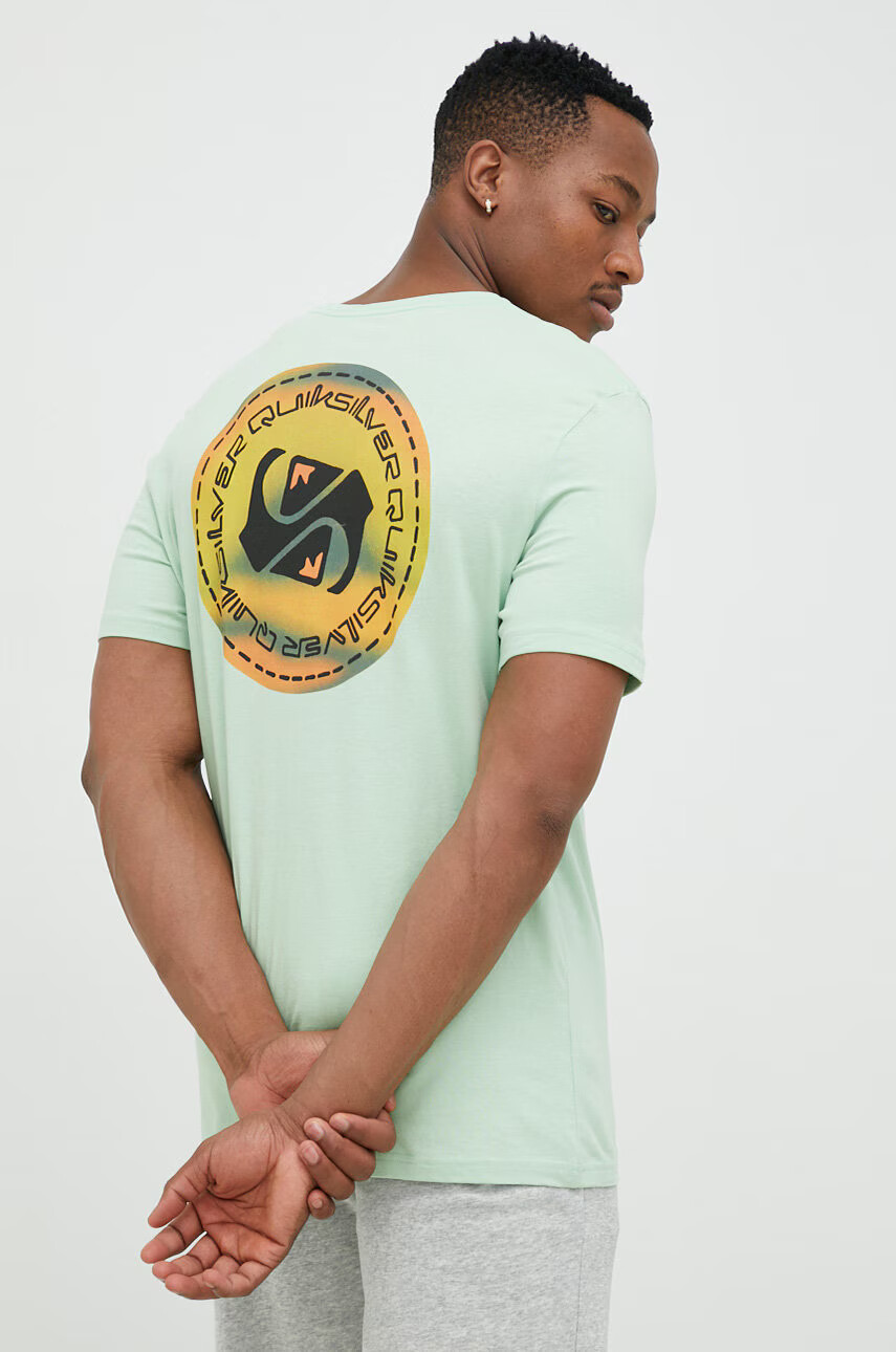 Quiksilver Памучна тениска в зелено с принт - Pepit.bg