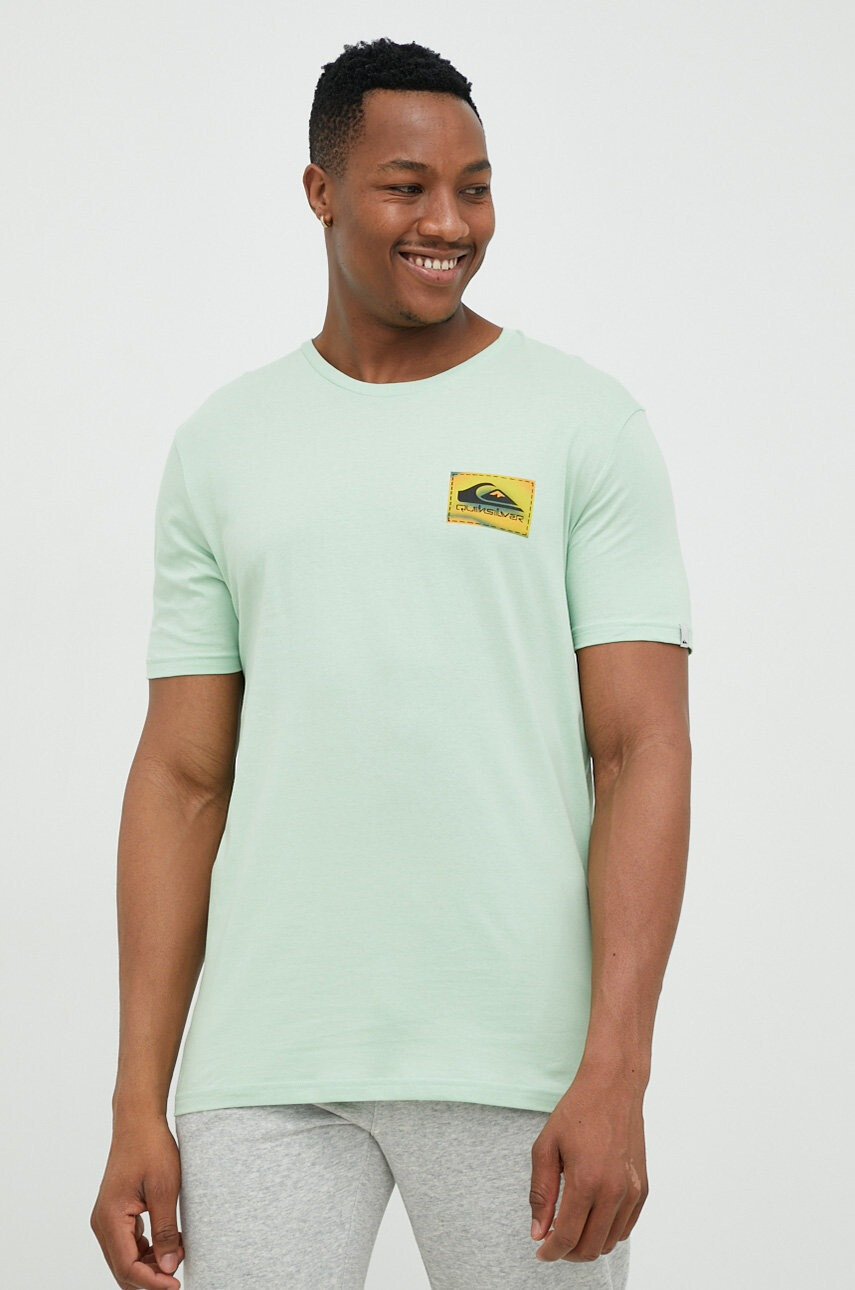 Quiksilver Памучна тениска в зелено с принт - Pepit.bg
