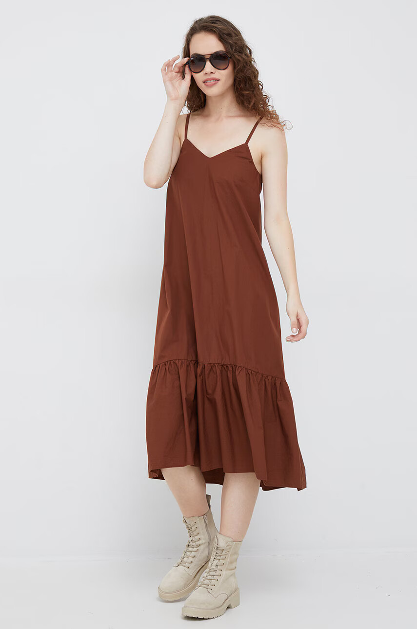 Sisley Памучна рокля в кафяво среднодълъг модел разкроен модел - Pepit.bg