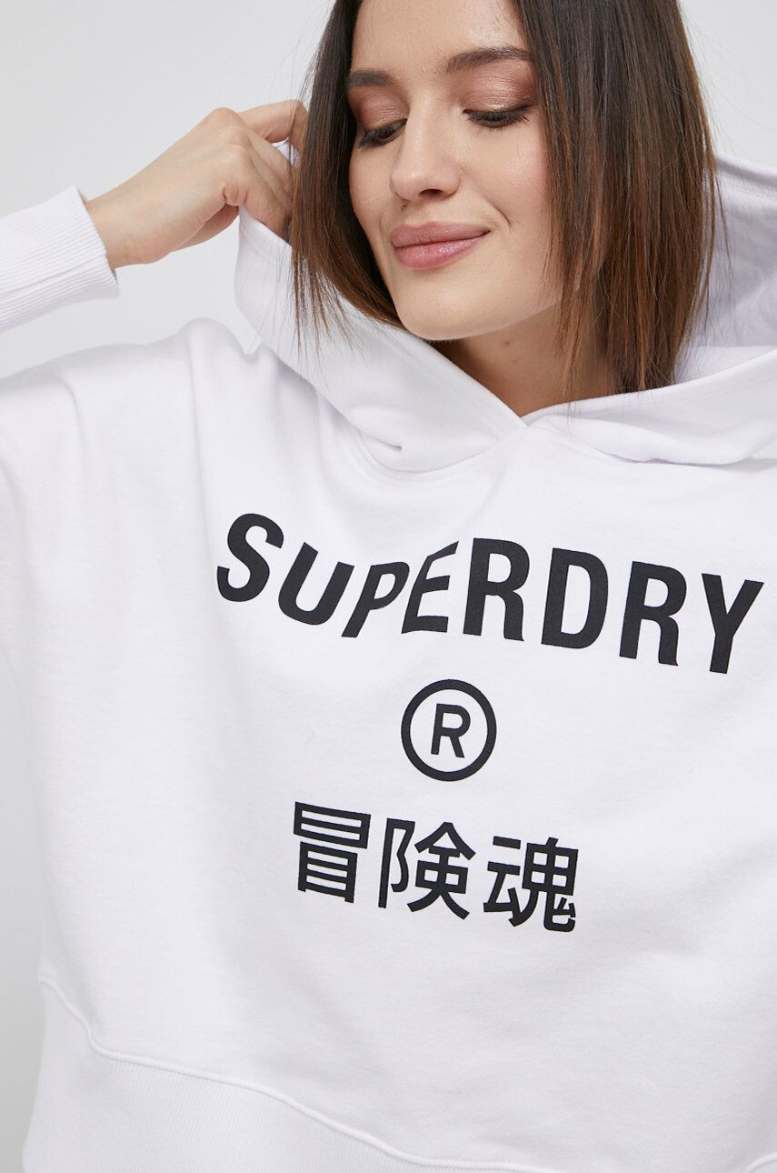 Superdry Памучен суичър дамска в бяло с принт - Pepit.bg