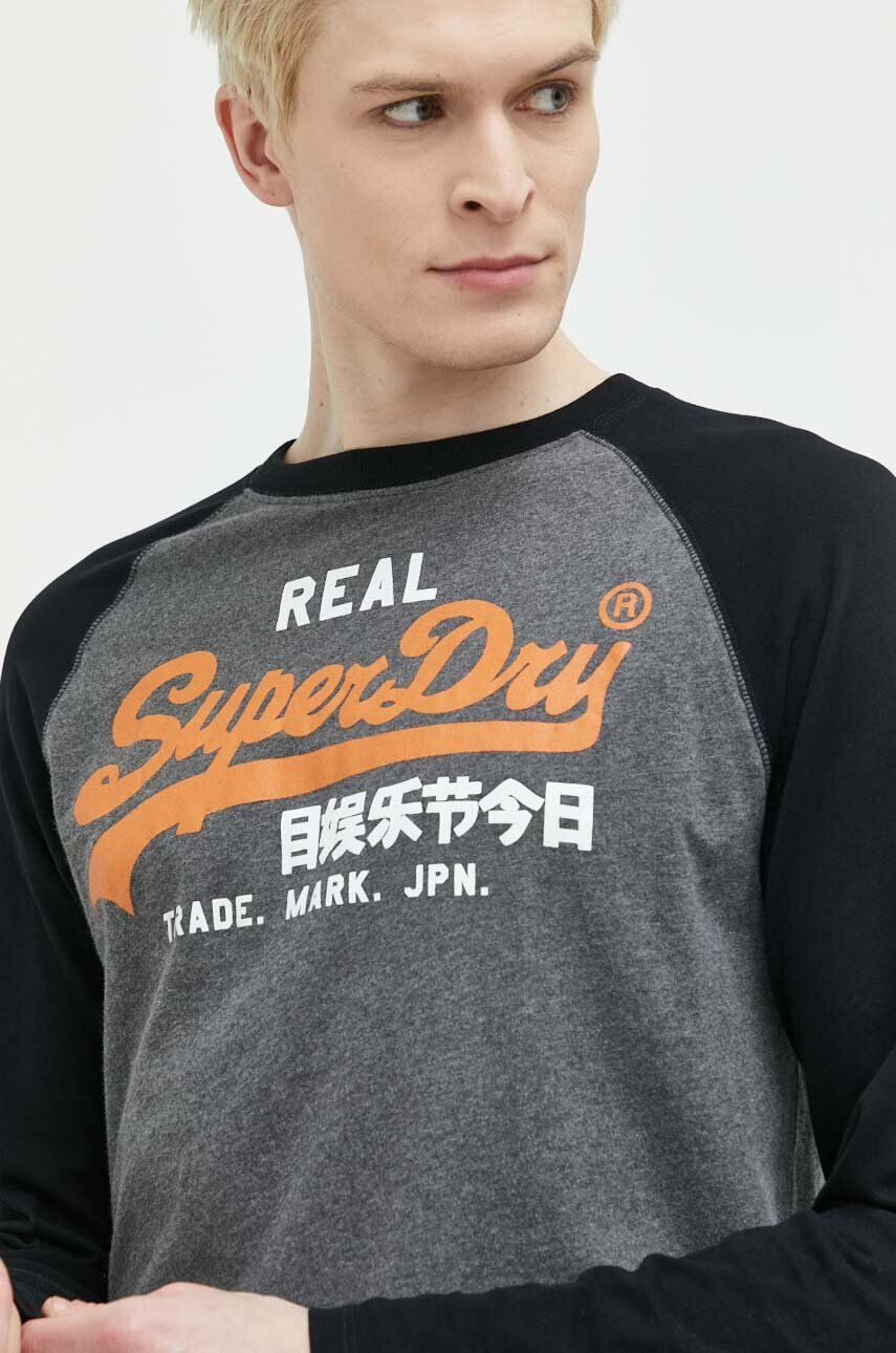 Superdry Памучна блуза с дълги ръкави в сиво с принт - Pepit.bg