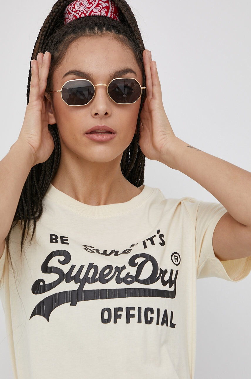 Superdry Памучна тениска в кремаво - Pepit.bg
