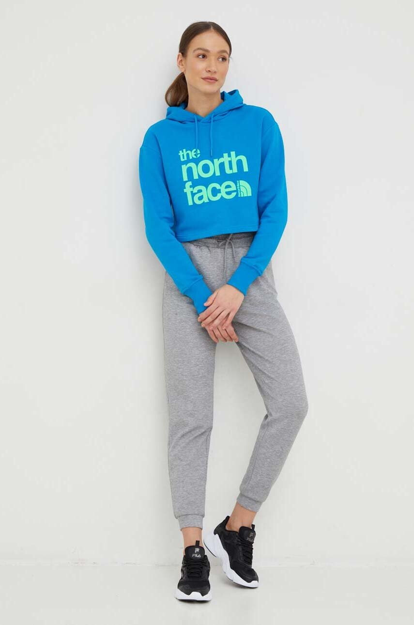 The North Face Памучен суичър в синьо с качулка с принт - Pepit.bg