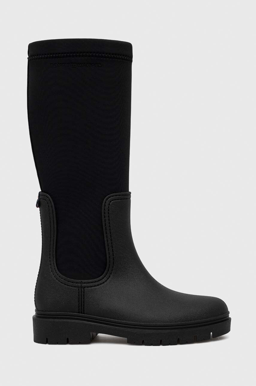 Tommy Hilfiger Ботуши Rain Boot Long Shaft в черно с равна подметка - Pepit.bg