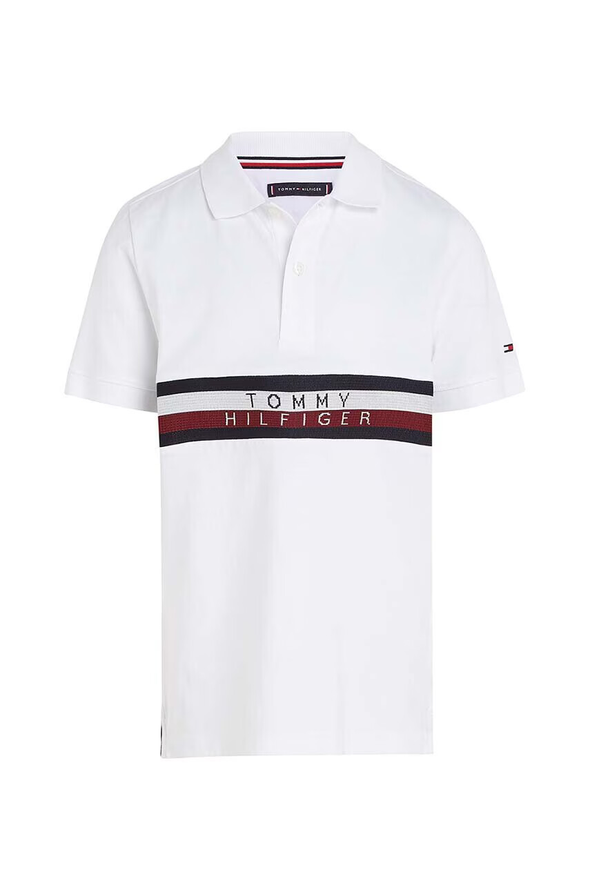Tommy Hilfiger Детска памучна тениска с яка в бяло с апликация - Pepit.bg
