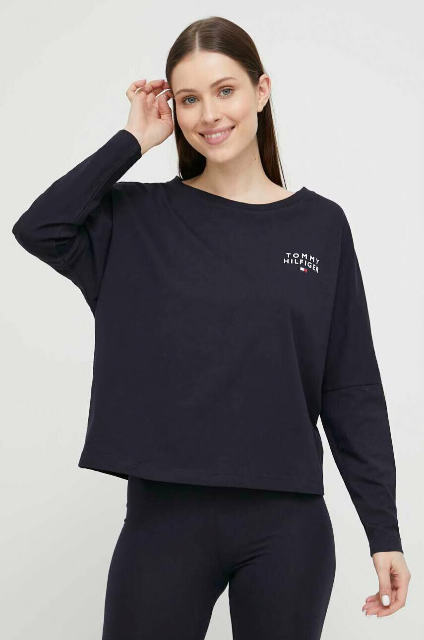 Tommy Hilfiger Домашна памучна блуза с дълги ръкави в тъмносиньо - Pepit.bg