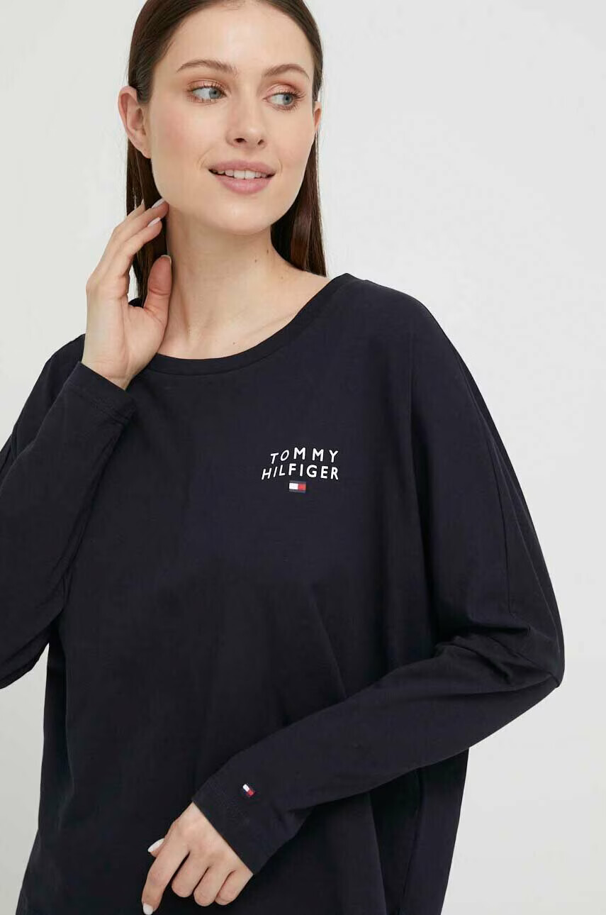 Tommy Hilfiger Домашна памучна блуза с дълги ръкави в тъмносиньо - Pepit.bg