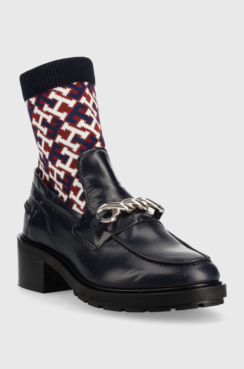 Tommy Hilfiger Кожени боти Tommy Monogram Bootie в тъмносиньо с висок ток - Pepit.bg