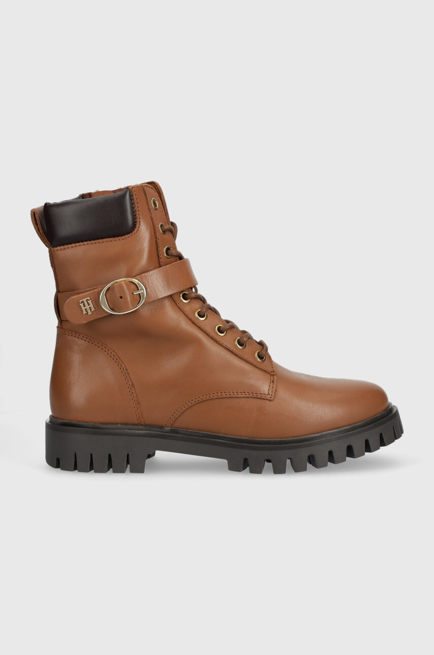Tommy Hilfiger Кожени боти Buckle Lace Up в кафяво с равна подметка - Pepit.bg