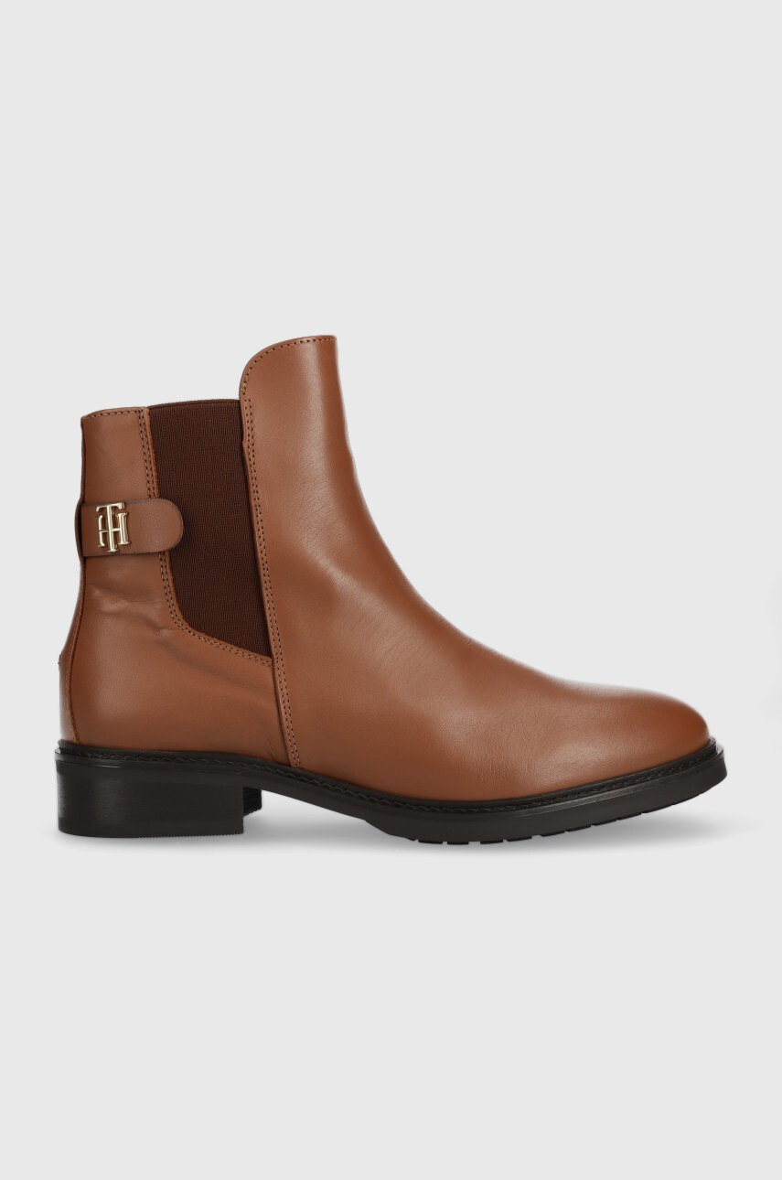 Tommy Hilfiger Кожени боти челси Th Leather Flat Boot в кафяво с равна подметка - Pepit.bg