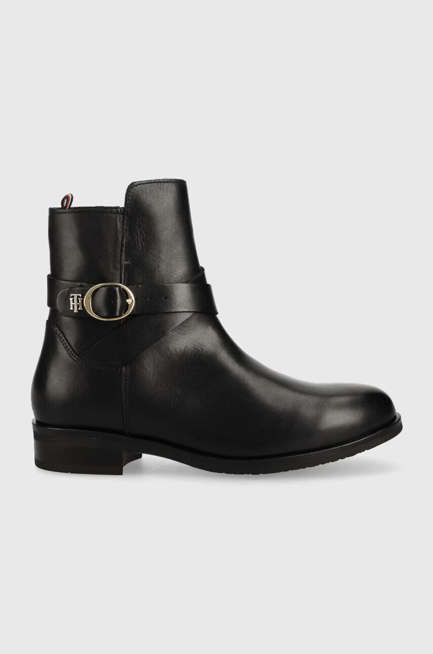 Tommy Hilfiger Кожени боти Th Belt Flat Boot в черно с равна подметка - Pepit.bg